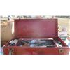 Image 3 : older red metal tool box with one broken latch, misc. items inside.