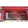 Image 4 : older red metal tool box with one broken latch, misc. items inside.