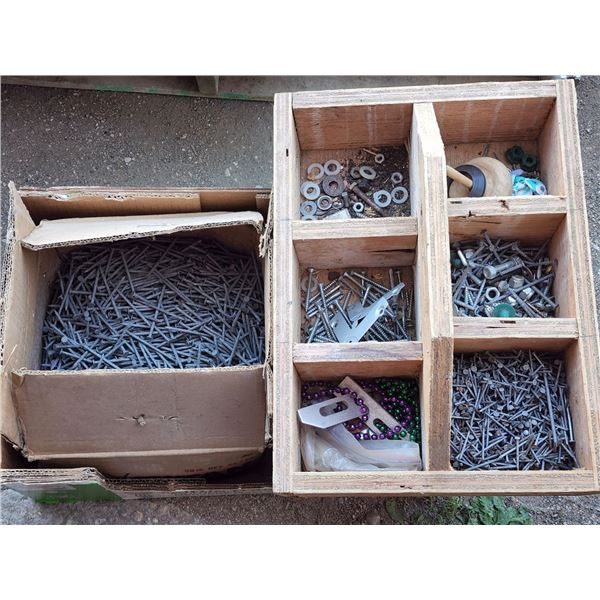 Assorted Hardware, Box of 3" Nails, Box Sorter filled with Assorted Nails, Screws, etc.