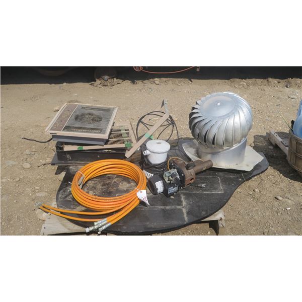 pallet of misc. items, AC units, sump pump, hydraulic line, roof vent