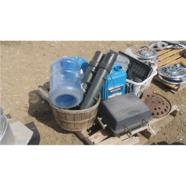 pallet of misc. items, BBQ small, mixer motor, water jugs.