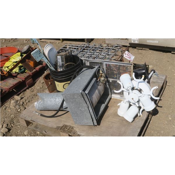 Pallet of misc. items, electrical items, fan, antique metal crates, blower fan