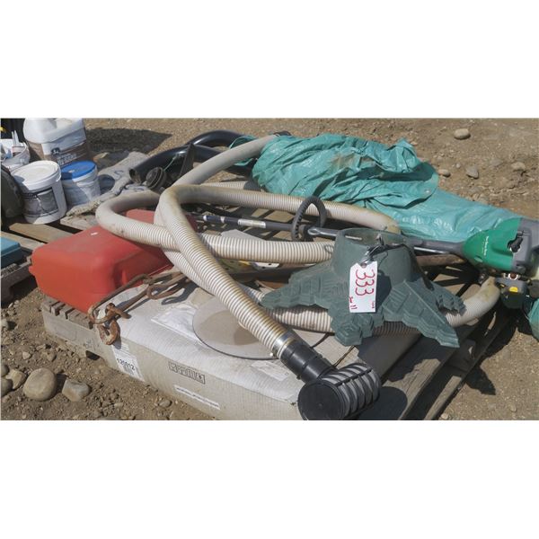 pallet of misc. items, satellite dish, gas can, black truck step rails, weed eater green.