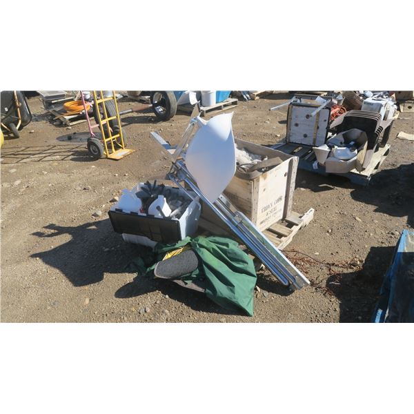 pallet of misc. items. Chair lift aid, large wood box of horse tack and gears.