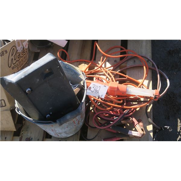 Misc. lot, 2 sets of jumper cables, work light, metal bucket of items.