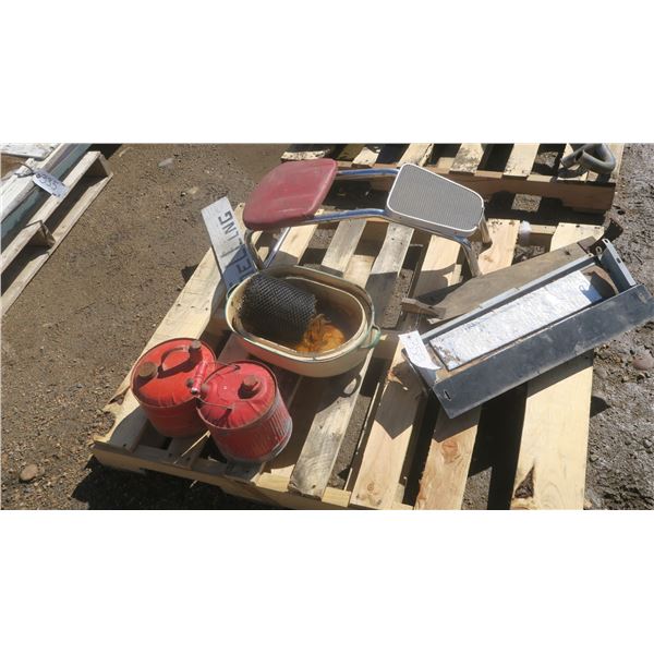 Misc. pallet of older items, 2- antique gas cans, stool, pots and other items.