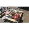 Image 6 : Misc. pallet of older items, 2- antique gas cans, stool, pots and other items.