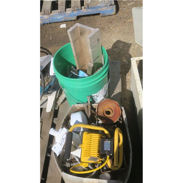 box & pail of misc. tools & items.