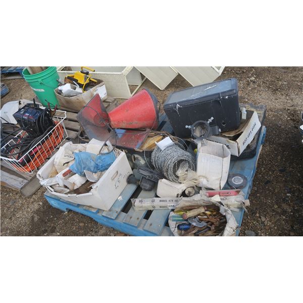 Pallet of misc. items, roll of part roll of barbed wire, tools, other items.