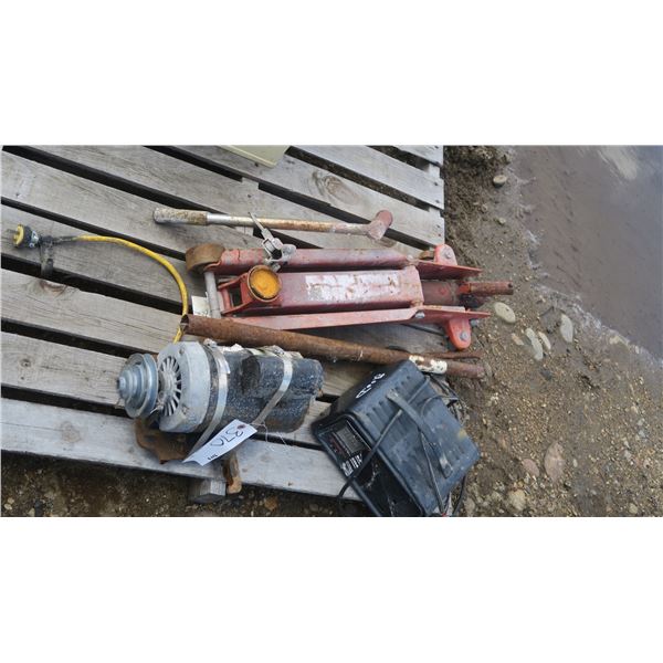 Lot of shop tools, electric motor, floor jack, battery charger