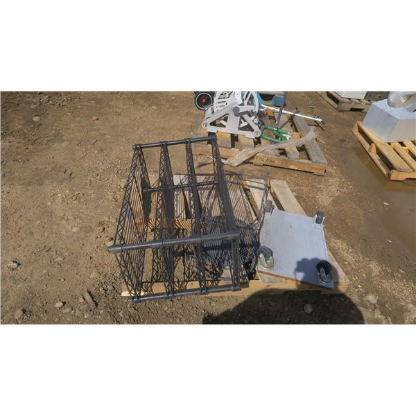 Garden shelf, decorative folding chair, roller cart