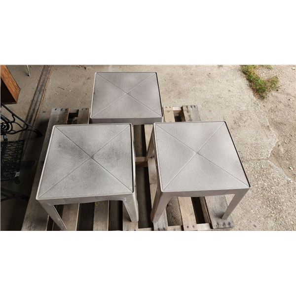 Set of 3, Beige Plastic Square Lawn End Tables. H-1Ft 4" W-1Ft 4" D-1ft 4"
