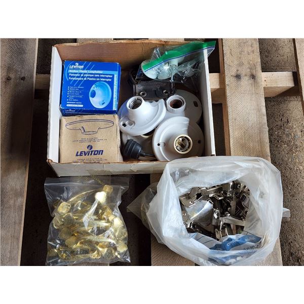Huge lot of Hardware, Cupboard/Drawer Handles, Bag of Cabinet Door Hinges, and Keyless Plastic Lamp 