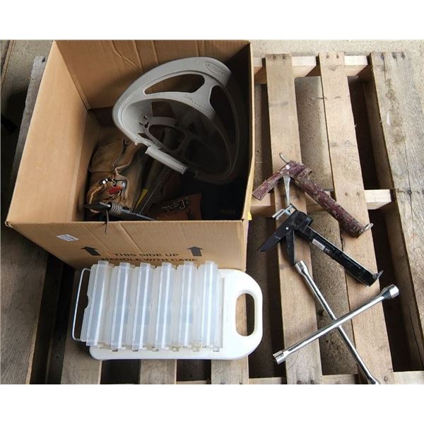 Huge lot of Assorted Hardware and Tools, Caulking Guns, Tire Iron, Hammer, Level, etc.