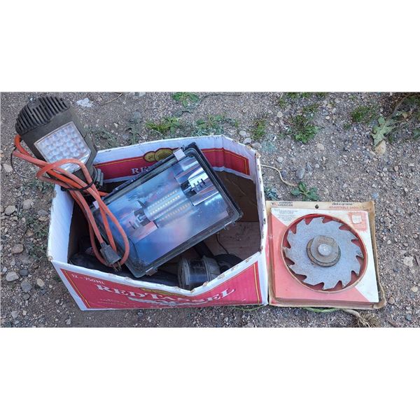 Box of Assorted Hardware, Heavy Duty Lights, Adjustable Dado, Bike Seat, etc.