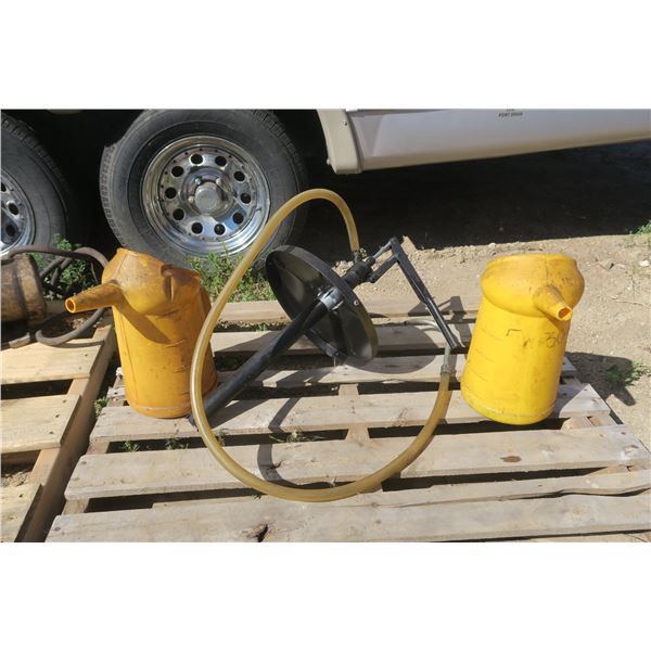 Pail Pump & 2 Shell 6GAL Oil Jugs