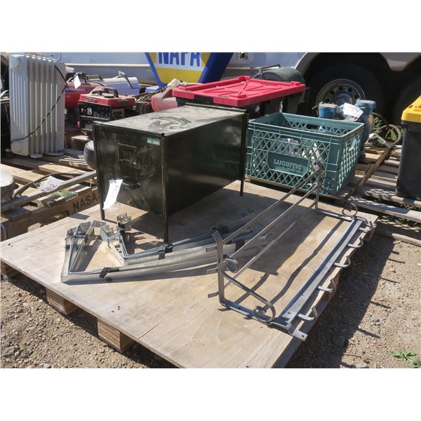 Pallet w/ Metal Filing Drawer, Ornate Coat Hooks & Misc. Brackets