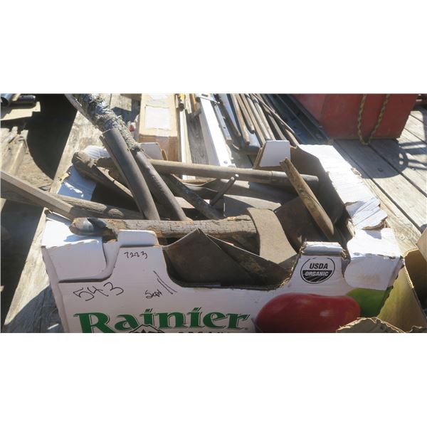Box of old hand tools, axe, shovels, and others