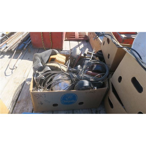 Box of misc. items, Cables, lights