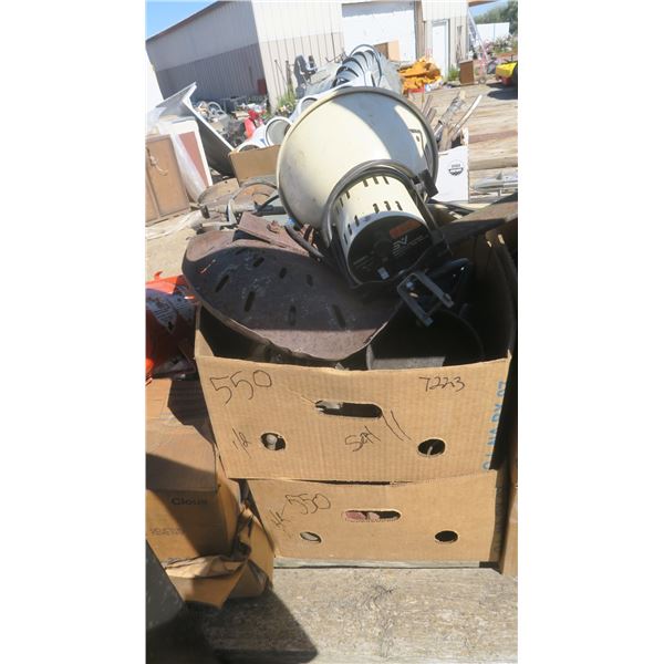 2- boxes of misc. metal pipe parts, tractor seat, light, 2 CB whips