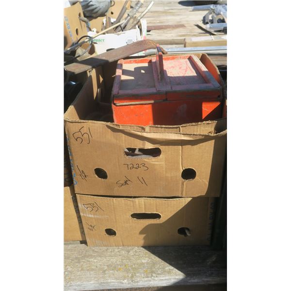 2 boxes of misc. metal bolts, large tow hooks, hose's, wood box