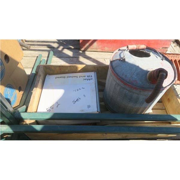 wood box with misc. items, wood steaks, water can,  Apple iMac tilt swivel stand