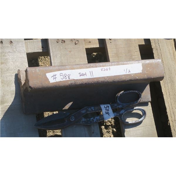 Misc. items, chunk of railroad track, metal snips