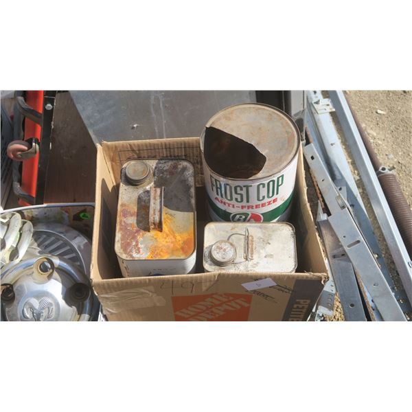 box of 4 antique oil tins