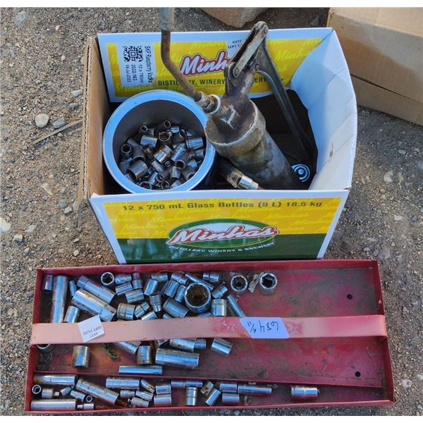 Lot of Assorted Sockets, Caulking Gun, Wrenches, etc.