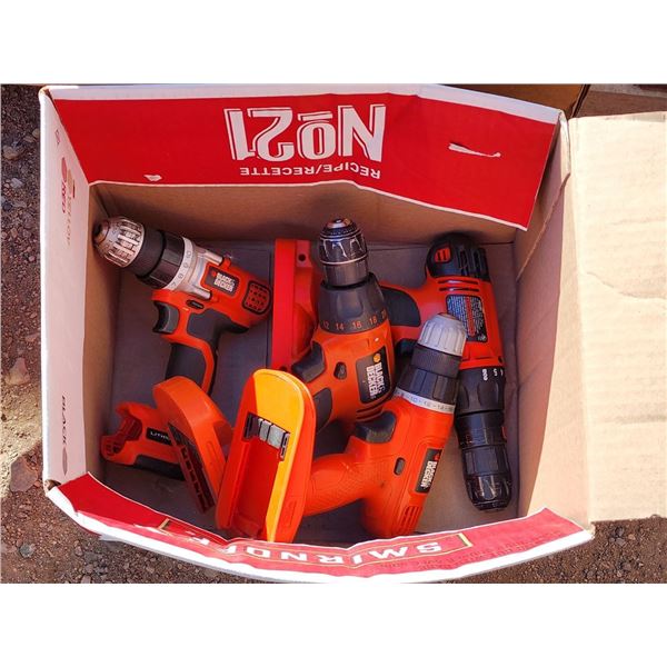 Box of Assorted "Black & Decker" Power Drills, No Batteries