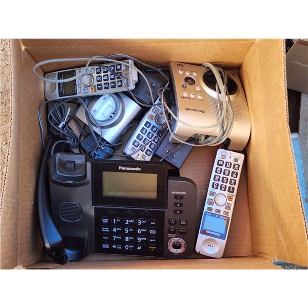 Box of Assorted Landline Telephones, with cords.