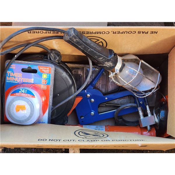 Box of Misc. Hardware, Shop Hanging Light, New Caulking Gun, Staple Guns.
