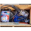 Image 1 : Box of Misc. Hardware, Shop Hanging Light, New Caulking Gun, Staple Guns.
