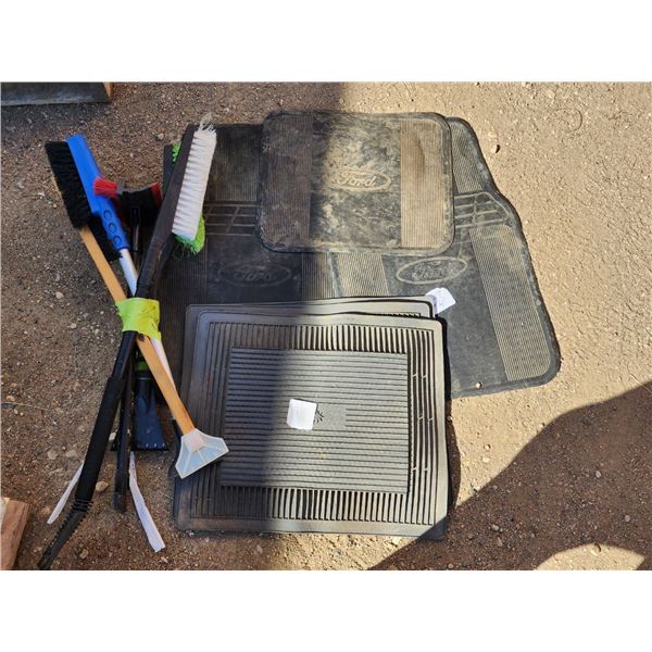 Huge Lot of Vehicle Floor Mats, Ford Mats, No Name Mats, plus Snow Brushes.