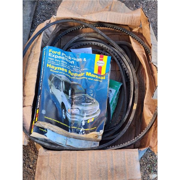 Box of Assorted Vehicle Belts and Ford Expedition Manual