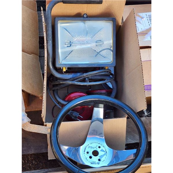 Box of Assorted Tail lights, Floor Lamp and Steering Wheel