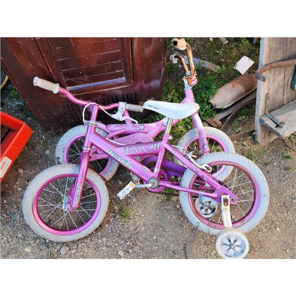 2 Girls Children's Bikes, 14" with training wheels, 12" missing seat.