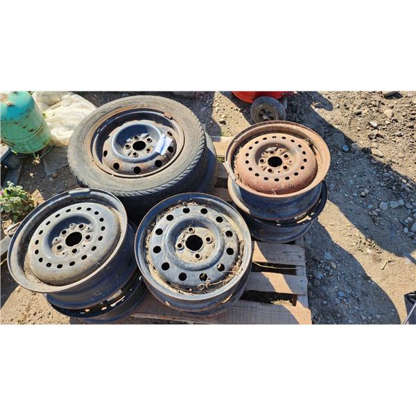 Pallet of Assorted 14" Rims, a 185/65R14 Tire and a Dummy Tire