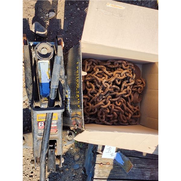 Box of Metal Tow Chains and Floor Jack