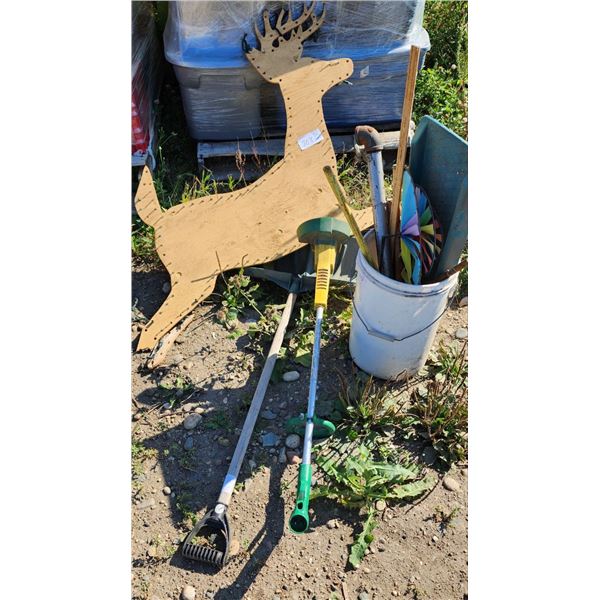 Pail of Assorted Outdoor Hardwares, Christmas Deer, Snow Shovel, Plastic Rain Gutter Downspout, etc.