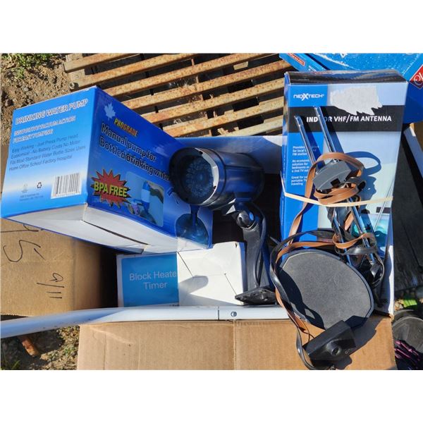 Box of Assorted Fake Security Cameras, Drinking water Pump, Furniture Mover, etc.