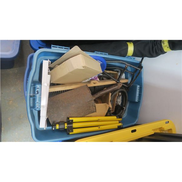 Bin lot of misc. items, Plumbing items, Stainless steel items, broom head, various other items.