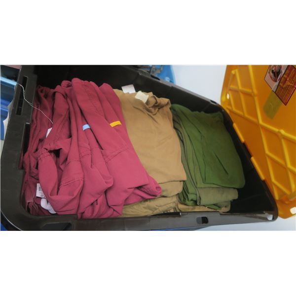 Military T-shirts, green & Tan various sizes, red scrubs various sizes. -bin not included