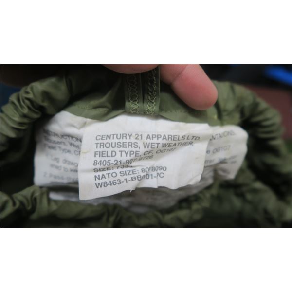 Pair of military wet weather trousers size 7334, pair of BDU's green size 6x