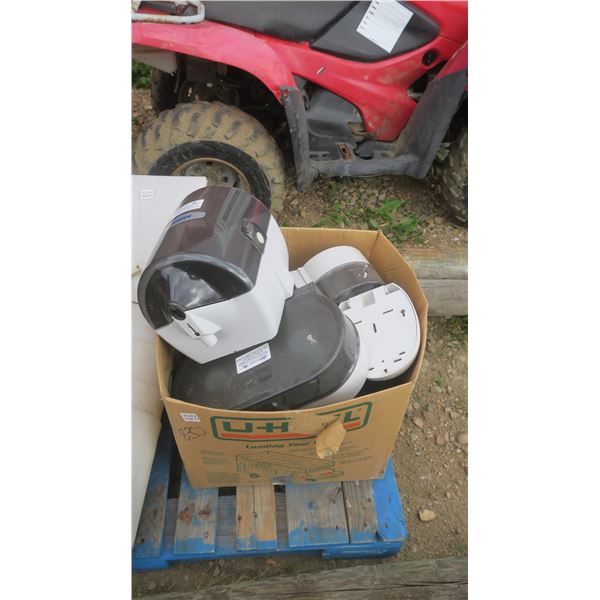 Box of misc. bathroom dispensers, paper towel, hand soap, bathroom tissue.