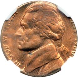 (1980)-P Jefferson 5c Struck on 1c Planchet NGC MS62RB