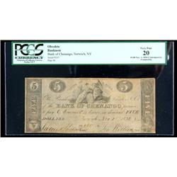 Norwich, NY - Bank of Chenango. $5.00 Nov. 1, 1834 Coun