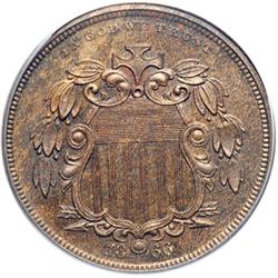 1866 Pattern 5c. Copper, plain edge. J-498. PCGS PR64RB