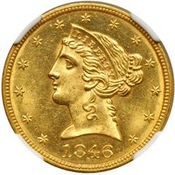 1846 $5 Liberty. Lg Date NGC MS64