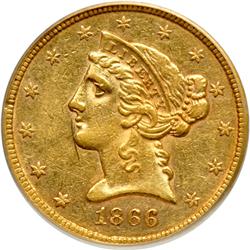 1866 $5 Liberty. Motto PCGS AU50